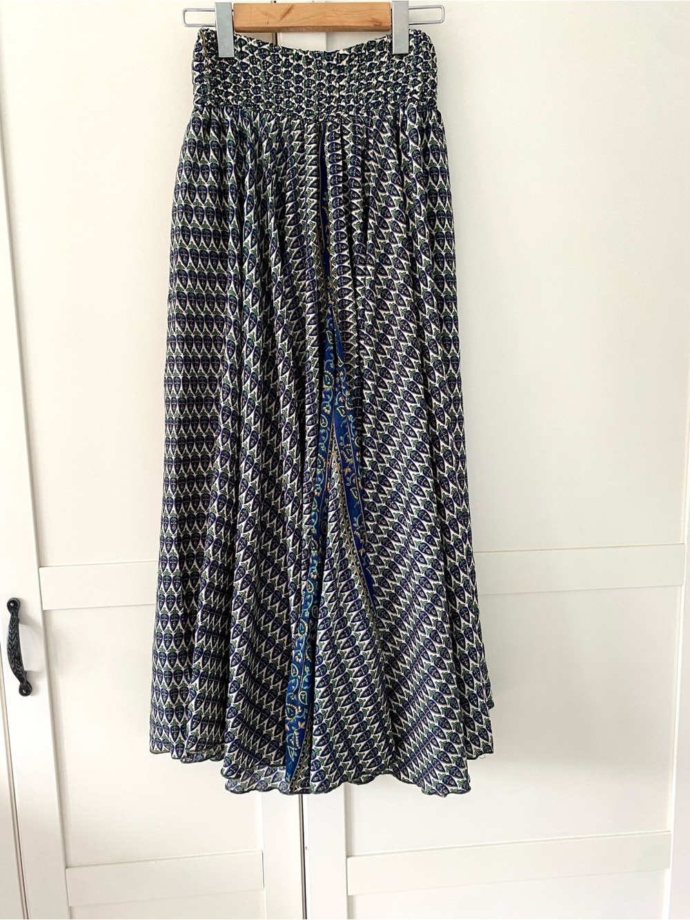 GOA Flowy Boho Festival Smocked Palazzo Pants in Navy and Green Floral Print